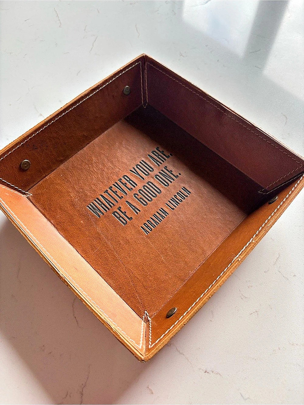 Magnolia Lincoln Genuine Leather Office Desk Entryway Jewelry Watch Tray Brown